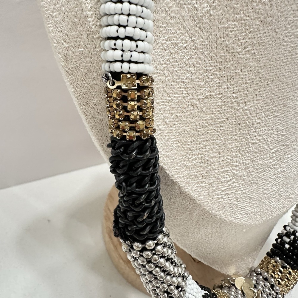 Chico's "Farrah" Black/Gold/White/Silver Beaded‎ Chain Mixed Media Necklace - Picture 3 of 7